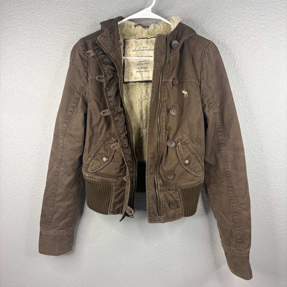 Abercrombie Faux Fur Lined Cropped Brown Bomber Jacket Y2K Vintage 2000s